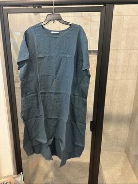 bryn Walker High-Low Linen Dress with pockets in Teal Blue